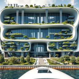 A futuristic and bionic building designed to replicate the map of Ukraine, situated on an embankment