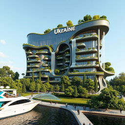 A futuristic and bionic building designed to replicate the map of Ukraine, situated on an embankment