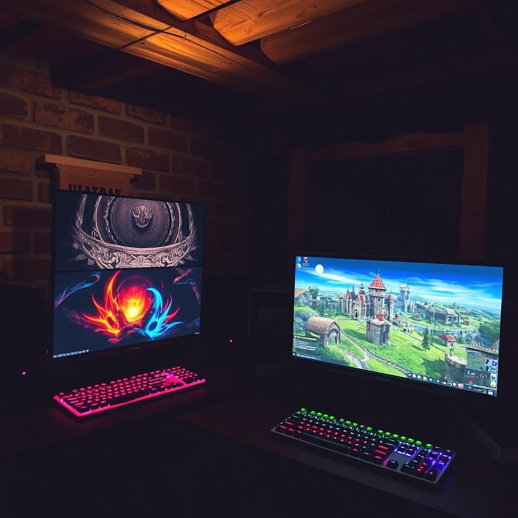 Two computers in a basement setup, both displaying vibrant RPG games on their screens