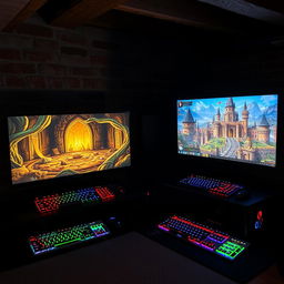 Two computers in a basement setup, both displaying vibrant RPG games on their screens