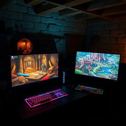 Two computers in a basement setup, both displaying vibrant RPG games on their screens