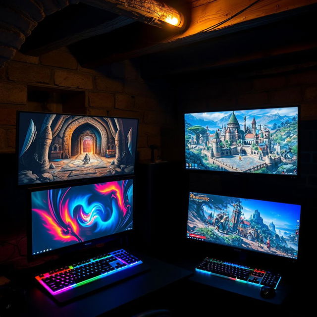 Two computers in a basement setup, both displaying vibrant RPG games on their screens