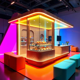 A cutting-edge, avant-garde chocolate stand design featuring rainbow colors with a central glass display, complemented by wood elements