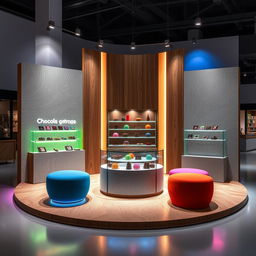 A cutting-edge, avant-garde chocolate stand design featuring rainbow colors with a central glass display, complemented by wood elements