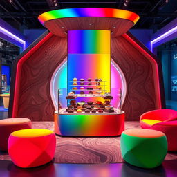 A cutting-edge, avant-garde chocolate stand design featuring rainbow colors with a central glass display, complemented by wood elements