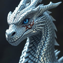 A majestic silver dragonborn with enchanting blue eyes, featuring a noticeable scar running through his right eye, giving him a fierce and noble appearance