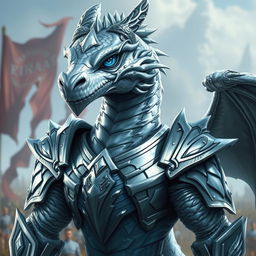 A powerful silver dragonborn warrior with intense blue eyes and a distinctive scar running through his right eye