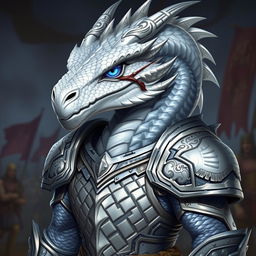 A powerful silver dragonborn warrior with intense blue eyes and a distinctive scar running through his right eye