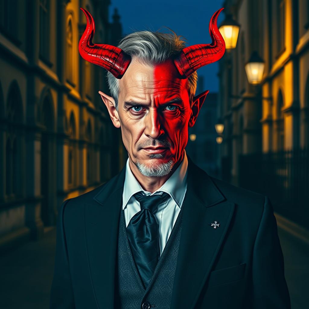 A distinguished gentleman standing outside the University of Oxford, on a dimly lit street