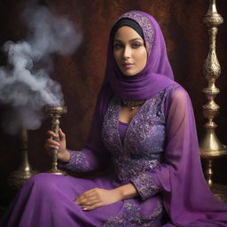 A beautiful Muslim girl in a vibrant, flowing dress and hijab, peacefully sitting and holding an ornate, jewel-encrusted hookah pipe, surrounded by a mystical, smoke-infused atmosphere