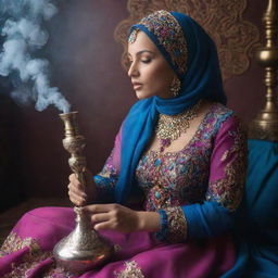 A beautiful Muslim girl in a vibrant, flowing dress and hijab, peacefully sitting and holding an ornate, jewel-encrusted hookah pipe, surrounded by a mystical, smoke-infused atmosphere