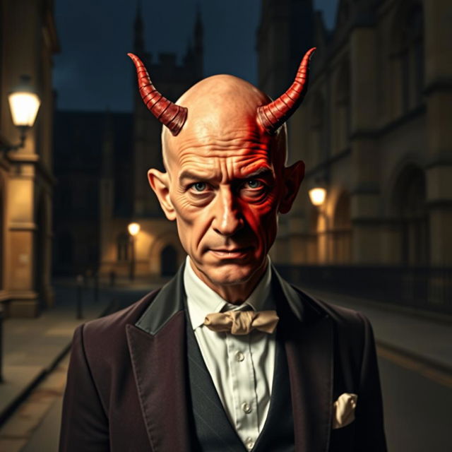 A distinguished bald gentleman with no facial hair, dressed in elegant tails, stands at a distance outside the University of Oxford on a dimly lit street