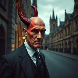 A distinguished bald gentleman with no facial hair, dressed in elegant tails, stands at a distance outside the University of Oxford on a dimly lit street