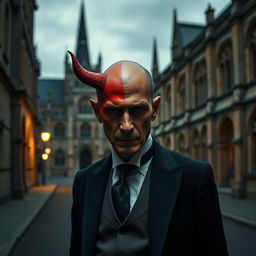 A distinguished bald gentleman with no facial hair, dressed in elegant tails, stands at a distance outside the University of Oxford on a dimly lit street