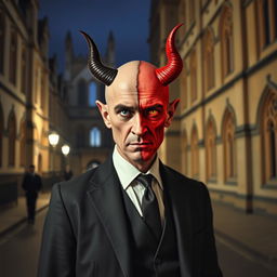 A distinguished bald gentleman with no facial hair, dressed in elegant tails, stands at a distance outside the University of Oxford on a dimly lit street