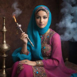 A beautiful Muslim girl in a vibrant, flowing dress and hijab, peacefully sitting and holding an ornate, jewel-encrusted hookah pipe, surrounded by a mystical, smoke-infused atmosphere