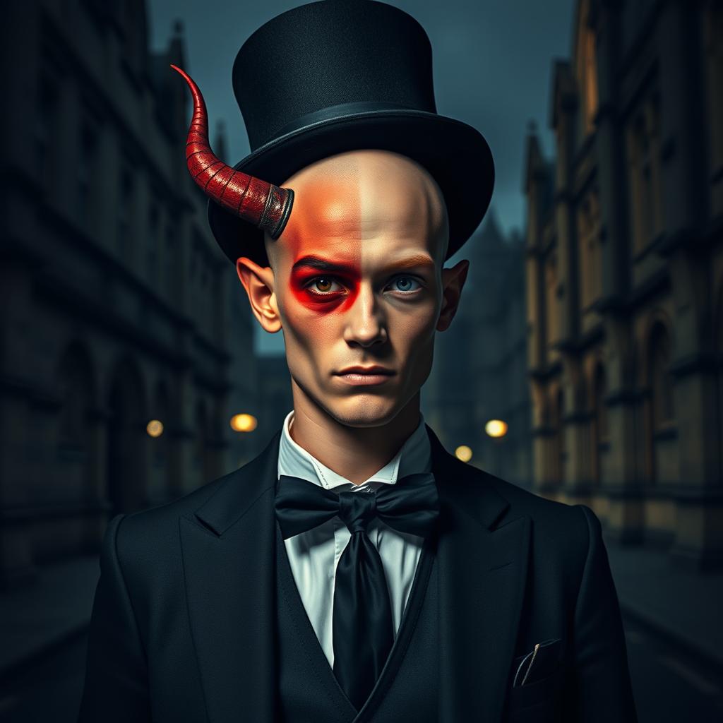 A distinguished young bald gentleman with no facial hair, elegantly dressed in tails and a top hat, stands at a distance outside the University of Oxford on a dimly lit street