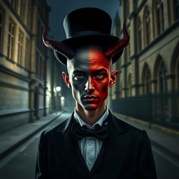 A distinguished young bald gentleman with no facial hair, elegantly dressed in tails and a top hat, stands at a distance outside the University of Oxford on a dimly lit street