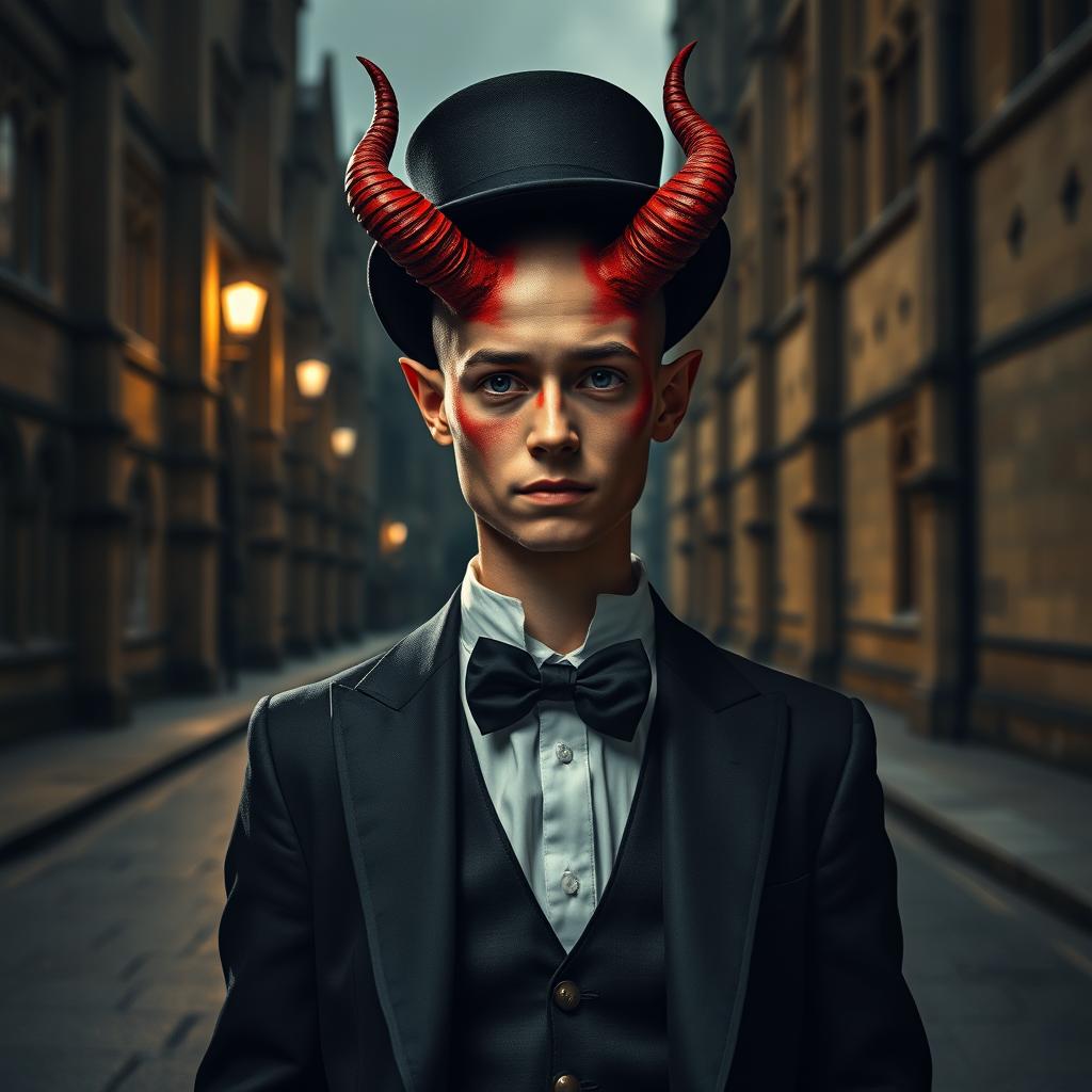 A distinguished young bald gentleman with no facial hair, elegantly dressed in tails and a top hat, stands at a distance outside the University of Oxford on a dimly lit street