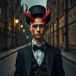 A distinguished young bald gentleman with no facial hair, elegantly dressed in tails and a top hat, stands at a distance outside the University of Oxford on a dimly lit street