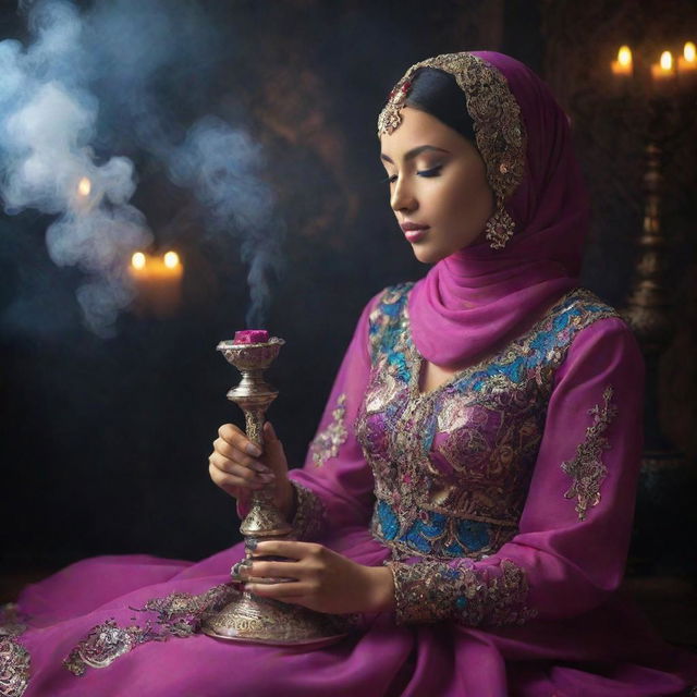 A beautiful Muslim girl in a vibrant, flowing dress and hijab, peacefully sitting and holding an ornate, jewel-encrusted hookah pipe, surrounded by a mystical, smoke-infused atmosphere