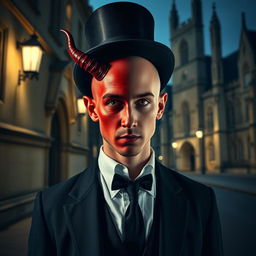 A distinguished young bald gentleman with no facial hair, elegantly dressed in tails and a top hat, stands at a distance outside the University of Oxford on a dimly lit street