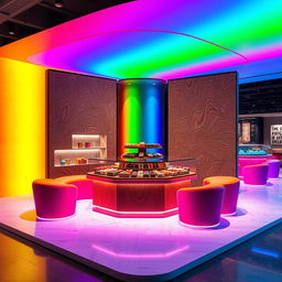 A cutting-edge, avant-garde chocolate stand design featuring rainbow colors with a central glass display, complemented by wood elements