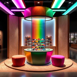 A cutting-edge, avant-garde chocolate stand design featuring rainbow colors with a central glass display, complemented by wood elements