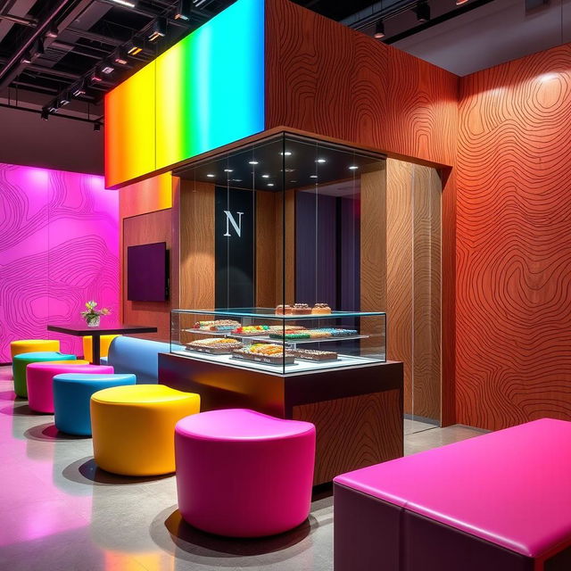 A cutting-edge, avant-garde chocolate stand design featuring rainbow colors with a central glass display, complemented by wood elements