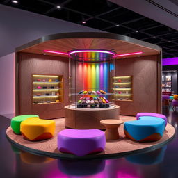 A cutting-edge, avant-garde chocolate stand design featuring rainbow colors with a central glass display, complemented by wood elements