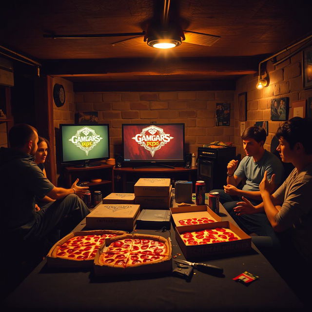 A cozy basement setting on a Friday night, where a group of friends gather around a gaming console setup