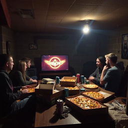 A cozy basement setting on a Friday night, where a group of friends gather around a gaming console setup