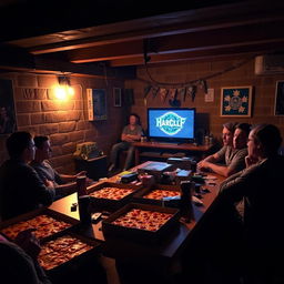 A cozy basement setting on a Friday night, where a group of friends gather around a gaming console setup