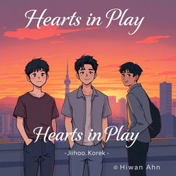 A webtoon-style illustration of a sunset view in Seoul, capturing the city's skyline in warm orange and pink tones