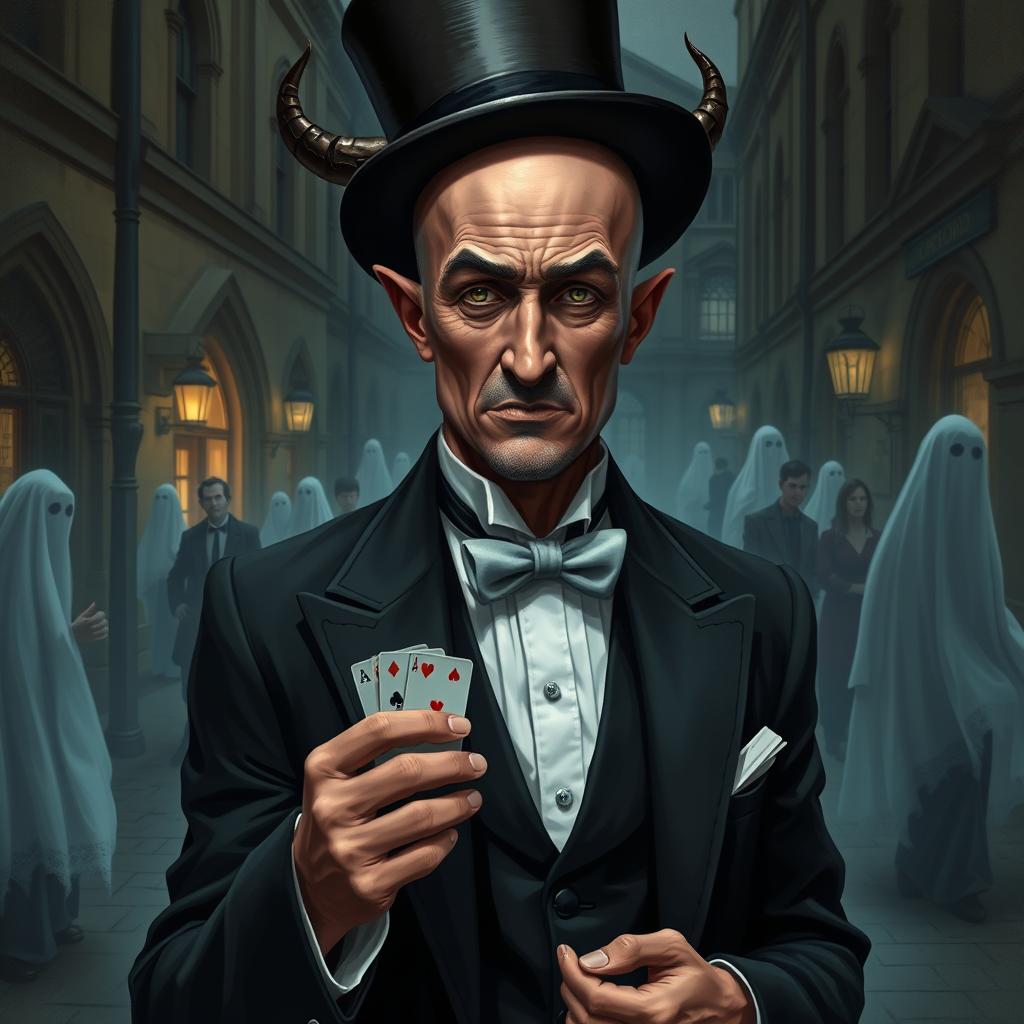 A distinguished gentleman around 35 years old, wearing tails and a top hat, standing outside the University of Oxford on a dimly lit street