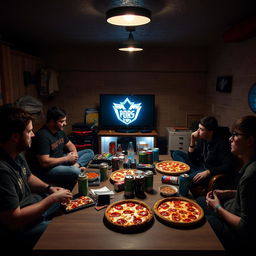 A cozy basement scene on a Friday night, showcasing a sacred ritual of pizza, soda, and a marathon gaming session