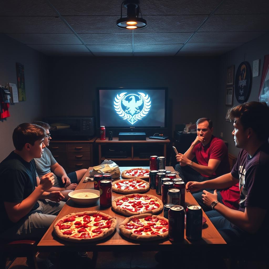 A cozy basement scene on a Friday night, showcasing a sacred ritual of pizza, soda, and a marathon gaming session