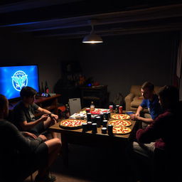 A cozy basement scene on a Friday night, showcasing a sacred ritual of pizza, soda, and a marathon gaming session