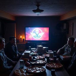 A sacred Friday night ritual in a dimly lit basement, where friends come together for pizza, soda, and marathon gaming sessions