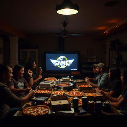 A sacred Friday night ritual in a dimly lit basement, where friends come together for pizza, soda, and marathon gaming sessions