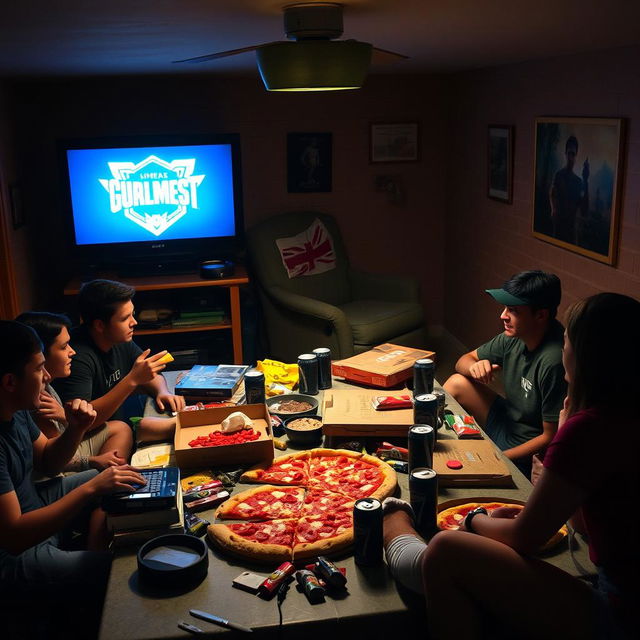 A sacred Friday night ritual in a dimly lit basement, where friends come together for pizza, soda, and marathon gaming sessions