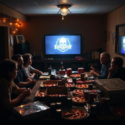 A sacred Friday night ritual in a dimly lit basement, where friends come together for pizza, soda, and marathon gaming sessions