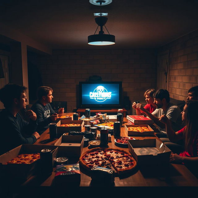 A sacred Friday night ritual unfolds in a dimly lit basement, where friends gather for pizza, soda, and an intense gaming marathon