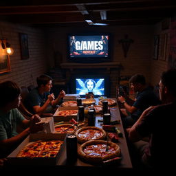 A sacred Friday night ritual unfolds in a dimly lit basement, where friends gather for pizza, soda, and an intense gaming marathon