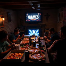 A sacred Friday night ritual unfolds in a dimly lit basement, where friends gather for pizza, soda, and an intense gaming marathon