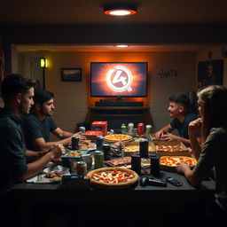 A sacred Friday night ritual unfolds in a dimly lit basement, where friends gather for pizza, soda, and an intense gaming marathon