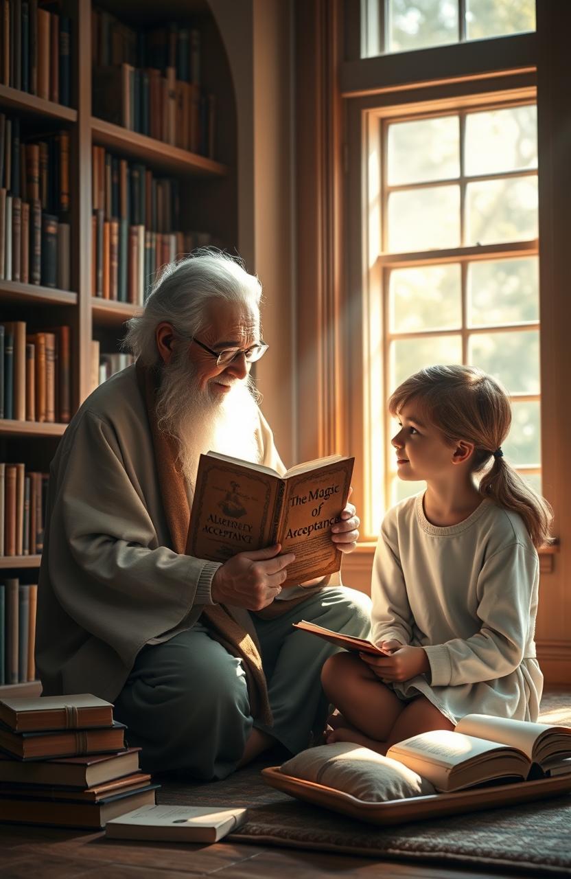 A serene and uplifting scene depicting a wise elder sharing insights with a young student in a tranquil library setting