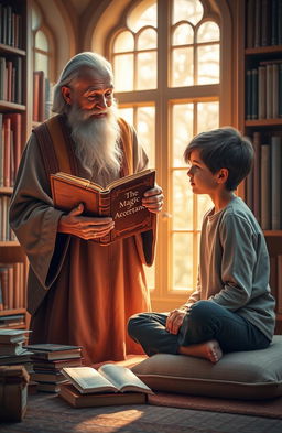 A serene and uplifting scene depicting a wise elder sharing insights with a young student in a tranquil library setting