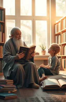 A serene and uplifting scene depicting a wise elder sharing insights with a young student in a tranquil library setting