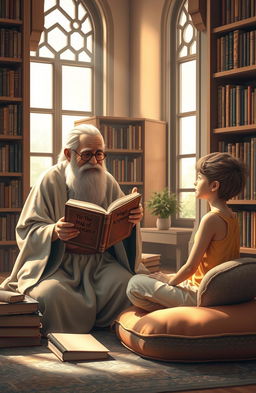 A serene and uplifting scene depicting a wise elder sharing insights with a young student in a tranquil library setting